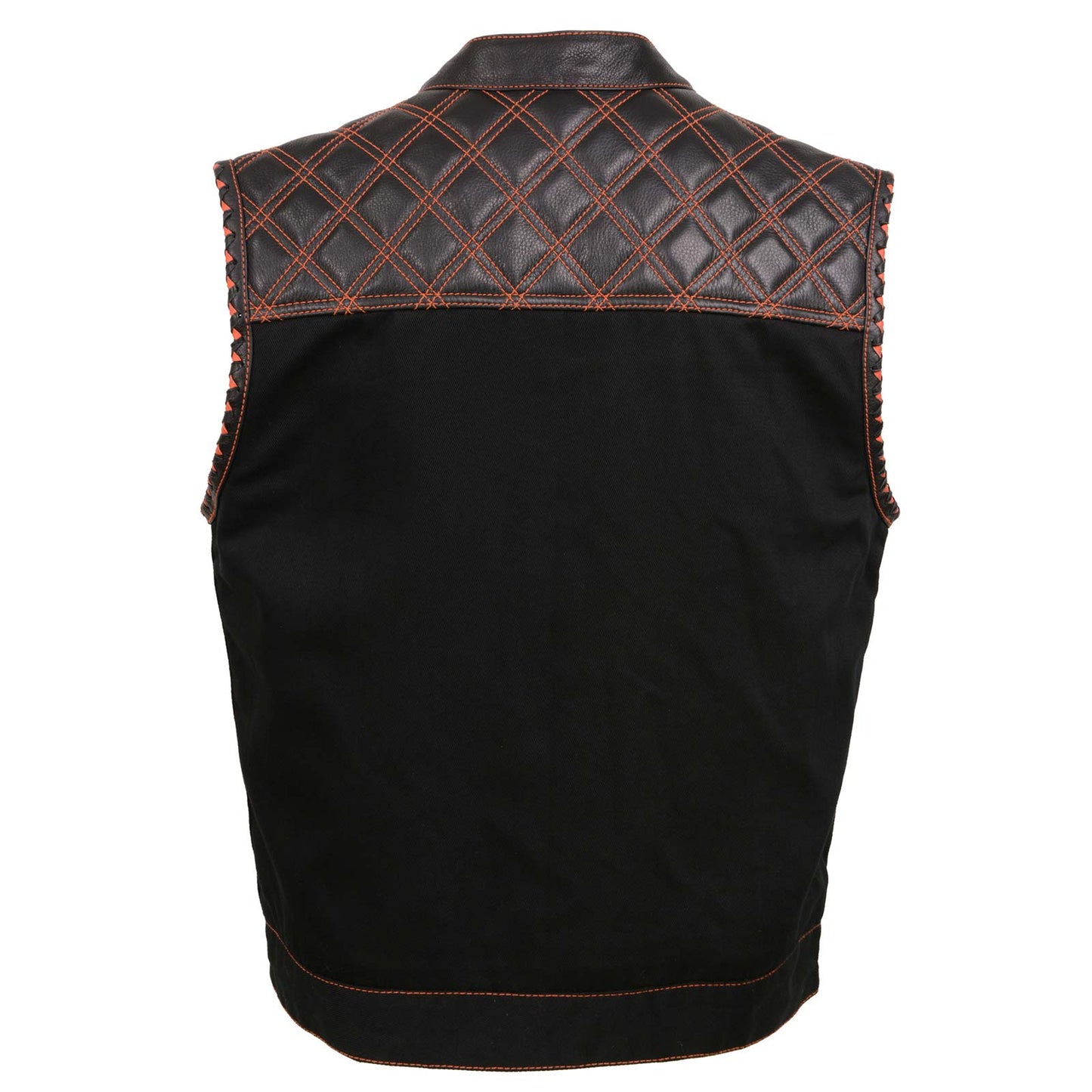 Milwaukee Leather MDM3037 Men’s Wrecker Club Vest – Black Denim & Leather, Diamond Quilt, Orange Stitch