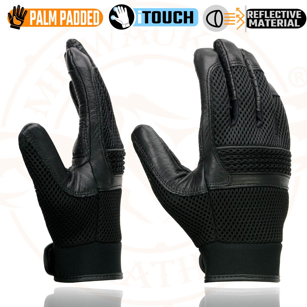 Milwaukee Leather MG7503 Men's Black Leather i-Touch Screen Compatible Mesh Racing Motorcycle Hand Gloves W/ Reflector