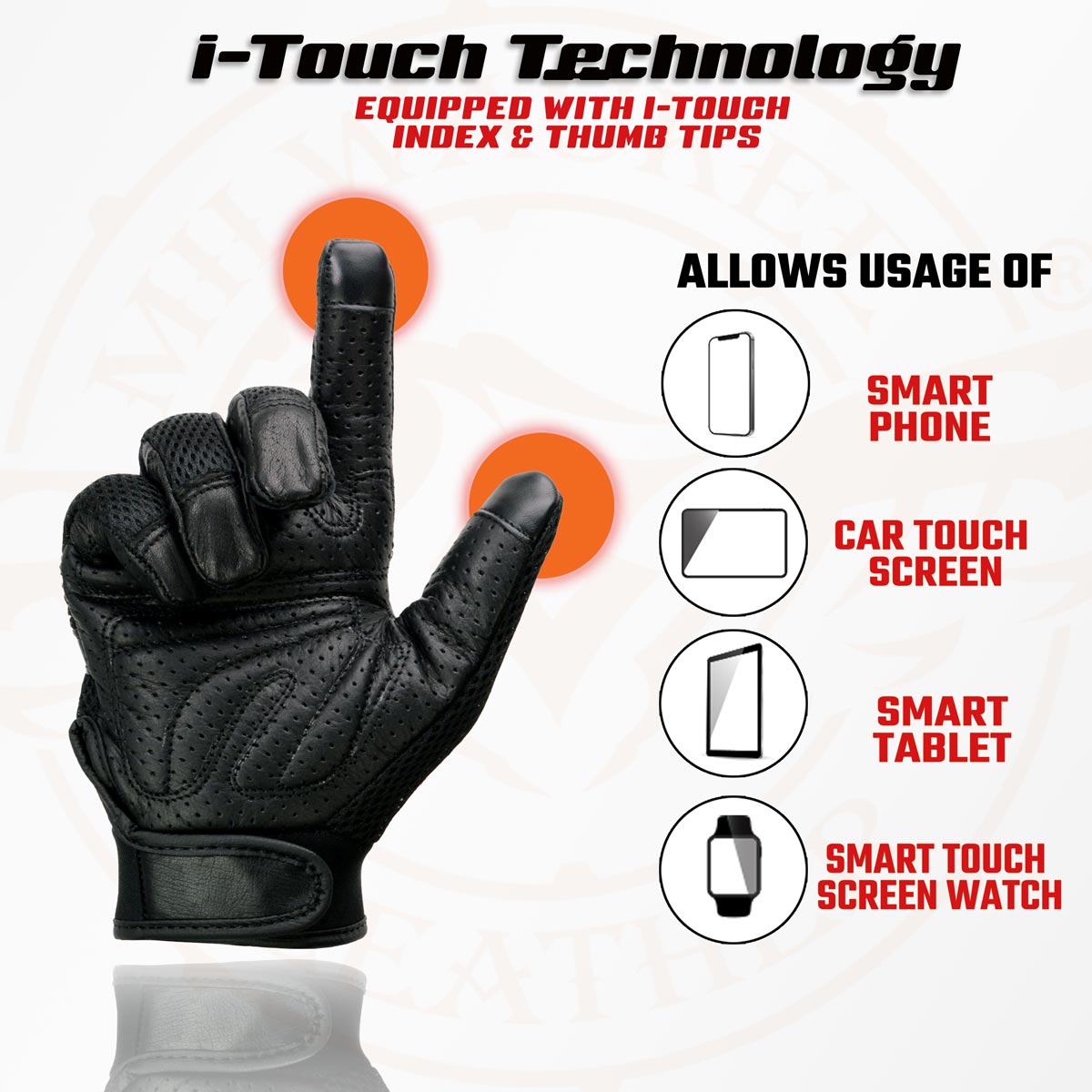 Milwaukee Leather MG7503 Men's Black Leather i-Touch Screen Compatible Mesh Racing Motorcycle Hand Gloves W/ Reflector