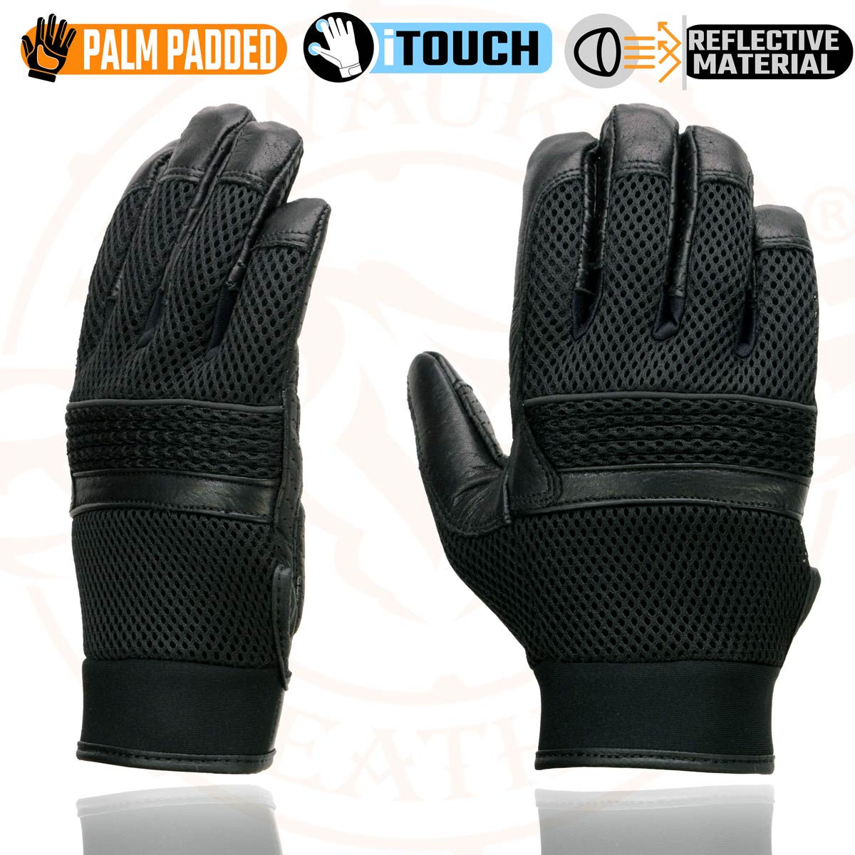Milwaukee Leather MG7503 Men's Black Leather i-Touch Screen Compatible Mesh Racing Motorcycle Hand Gloves W/ Reflector