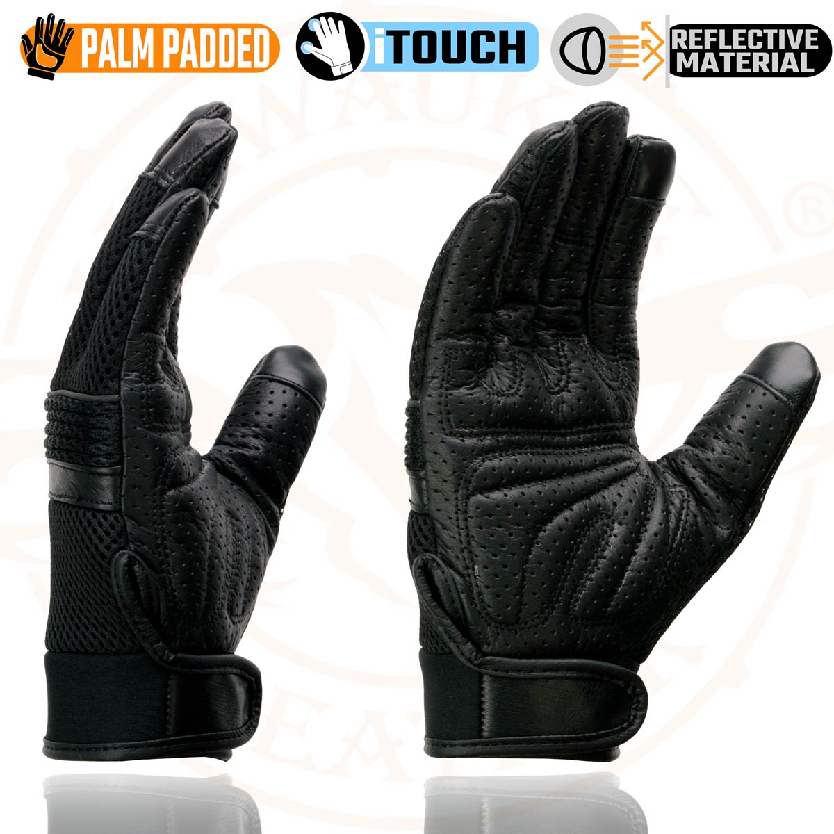 Milwaukee Leather MG7503 Men's Black Leather i-Touch Screen Compatible Mesh Racing Motorcycle Hand Gloves W/ Reflector
