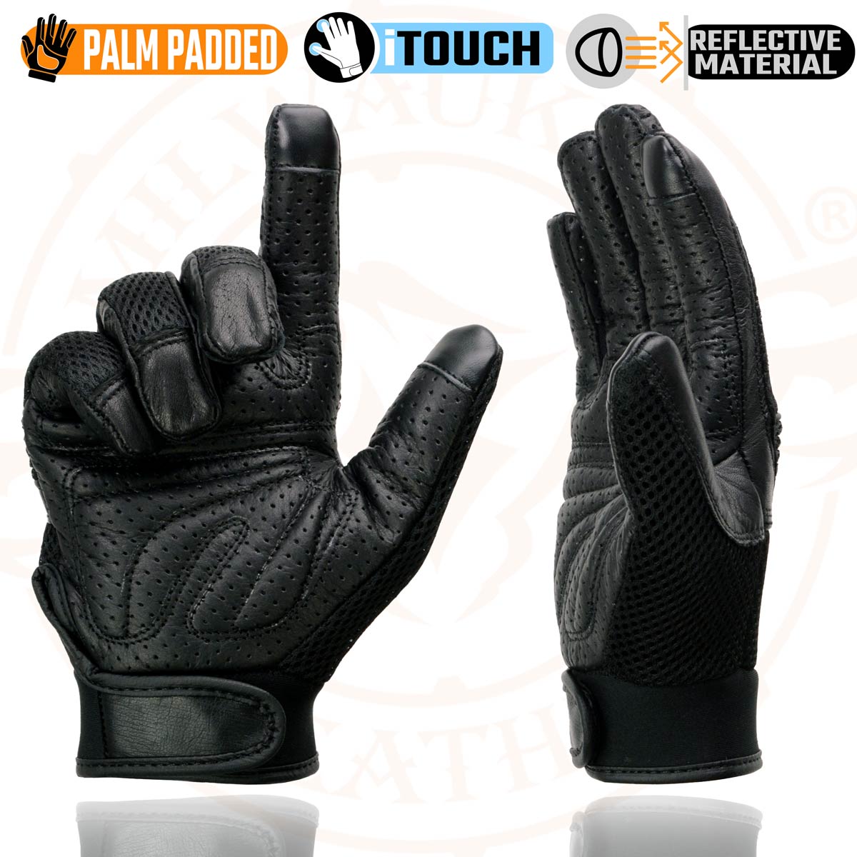 Milwaukee Leather MG7503 Men's Black Leather i-Touch Screen Compatible Mesh Racing Motorcycle Hand Gloves W/ Reflector