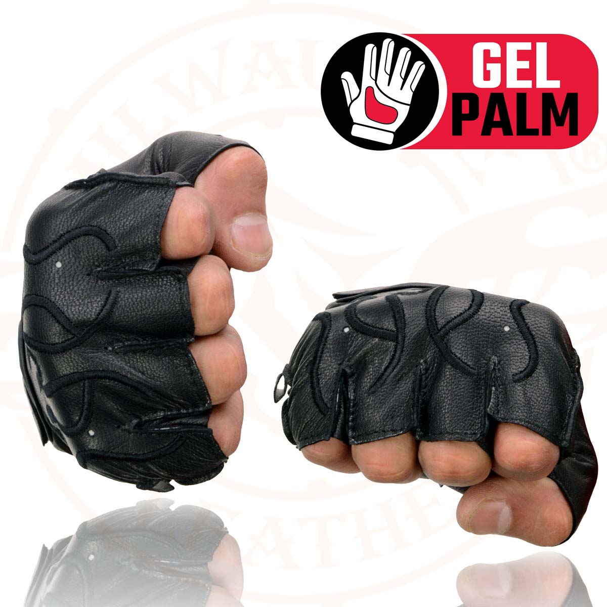 Milwaukee Leather SH198 Men's Black Gel Palm Fingerless Motorcycle Gloves with Black Flame Embroidery