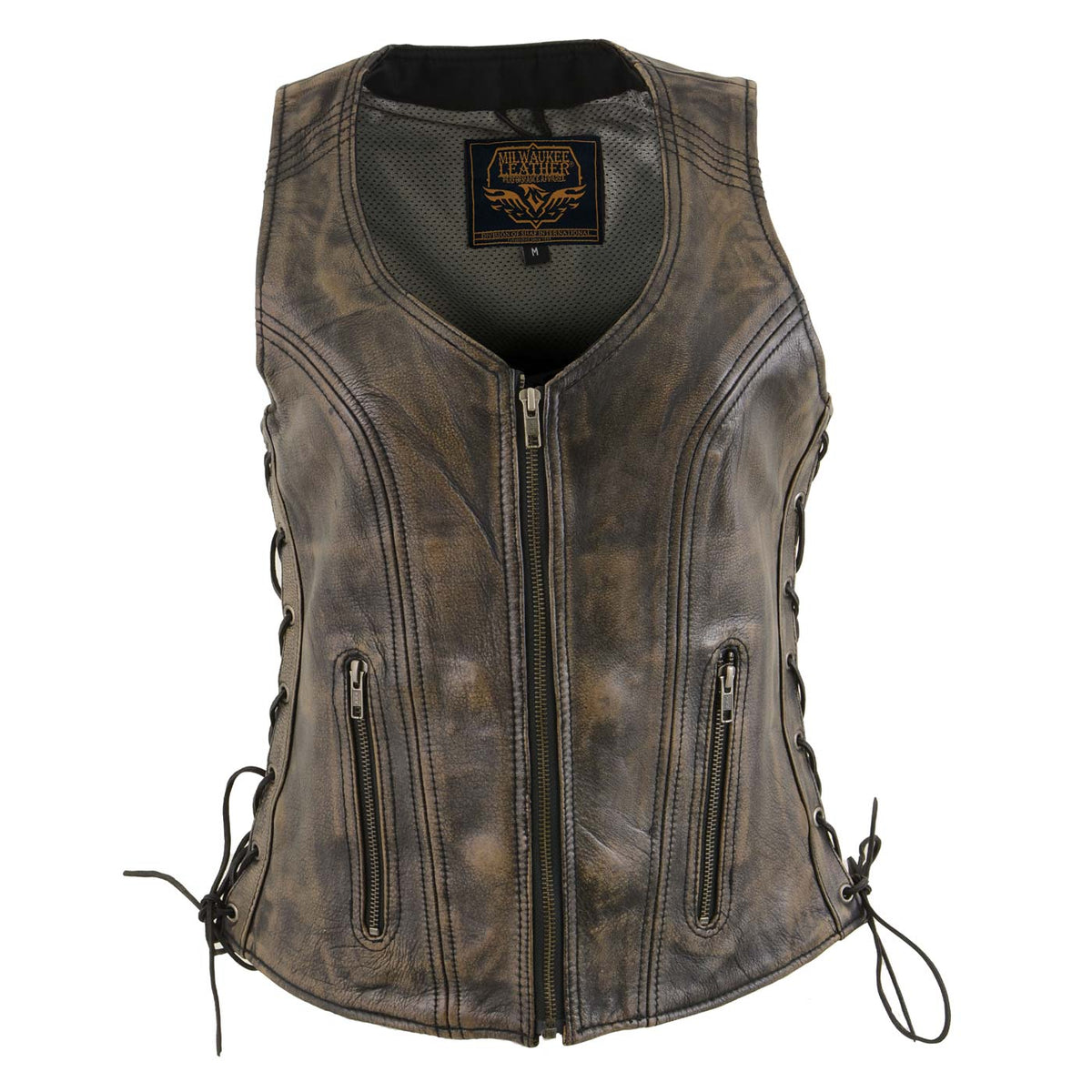 Milwaukee Leather Women's Bella Distressed Brown Leather Motorcycle Vest with Side Laces - LKL4719