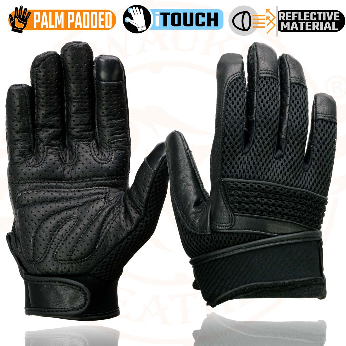 Milwaukee Leather MG7503 Men's Black Leather i-Touch Screen Compatible Mesh Racing Motorcycle Hand Gloves W/ Reflector