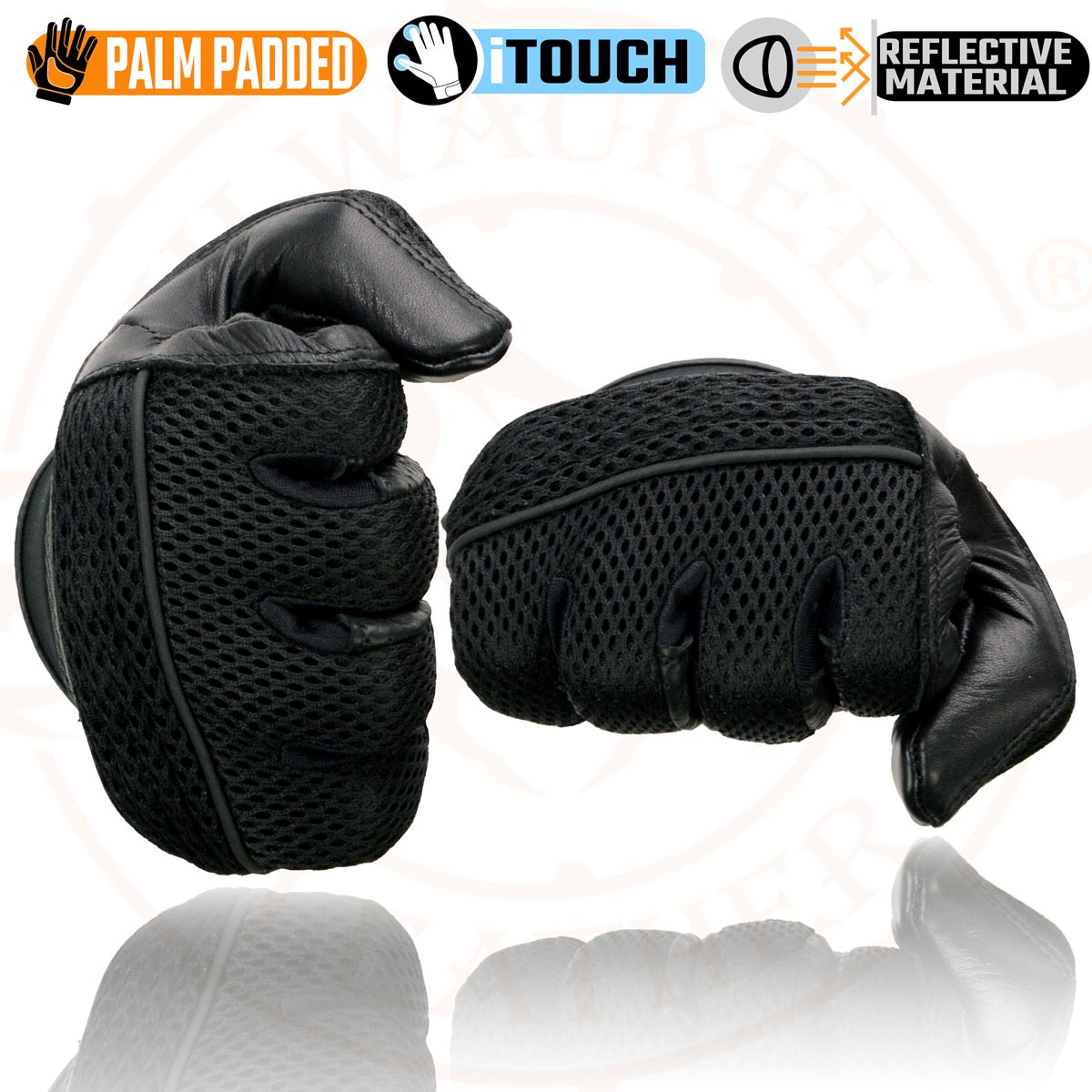 Milwaukee Leather MG7503 Men's Black Leather i-Touch Screen Compatible Mesh Racing Motorcycle Hand Gloves W/ Reflector