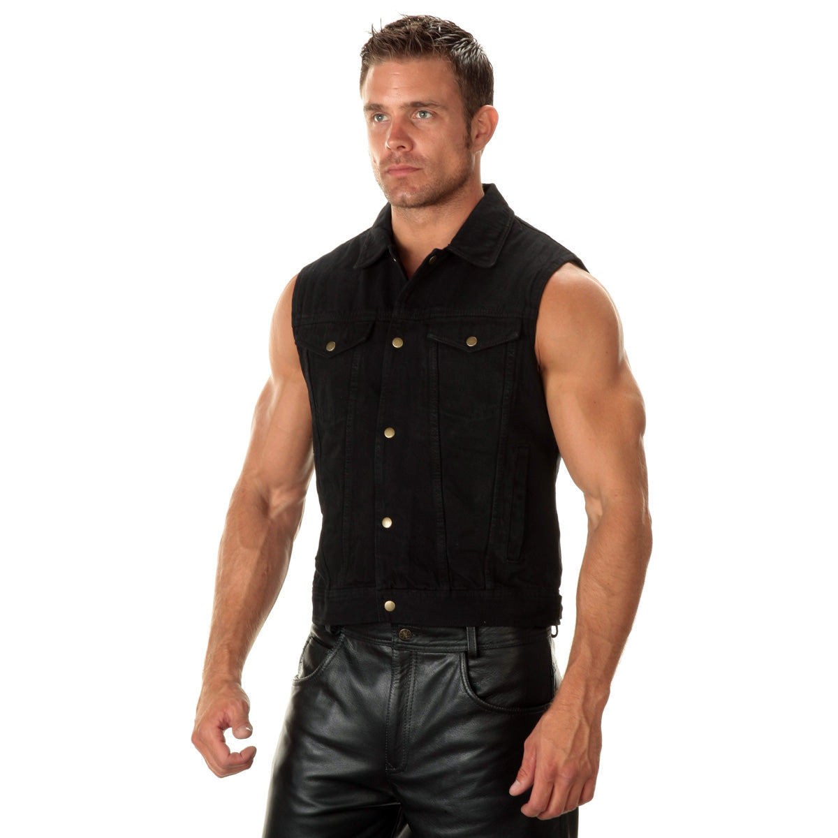 Milwaukee Leather Men's Outrider Black Denim Motorcycle Rider Vest with Shirt Collar - MDM3081