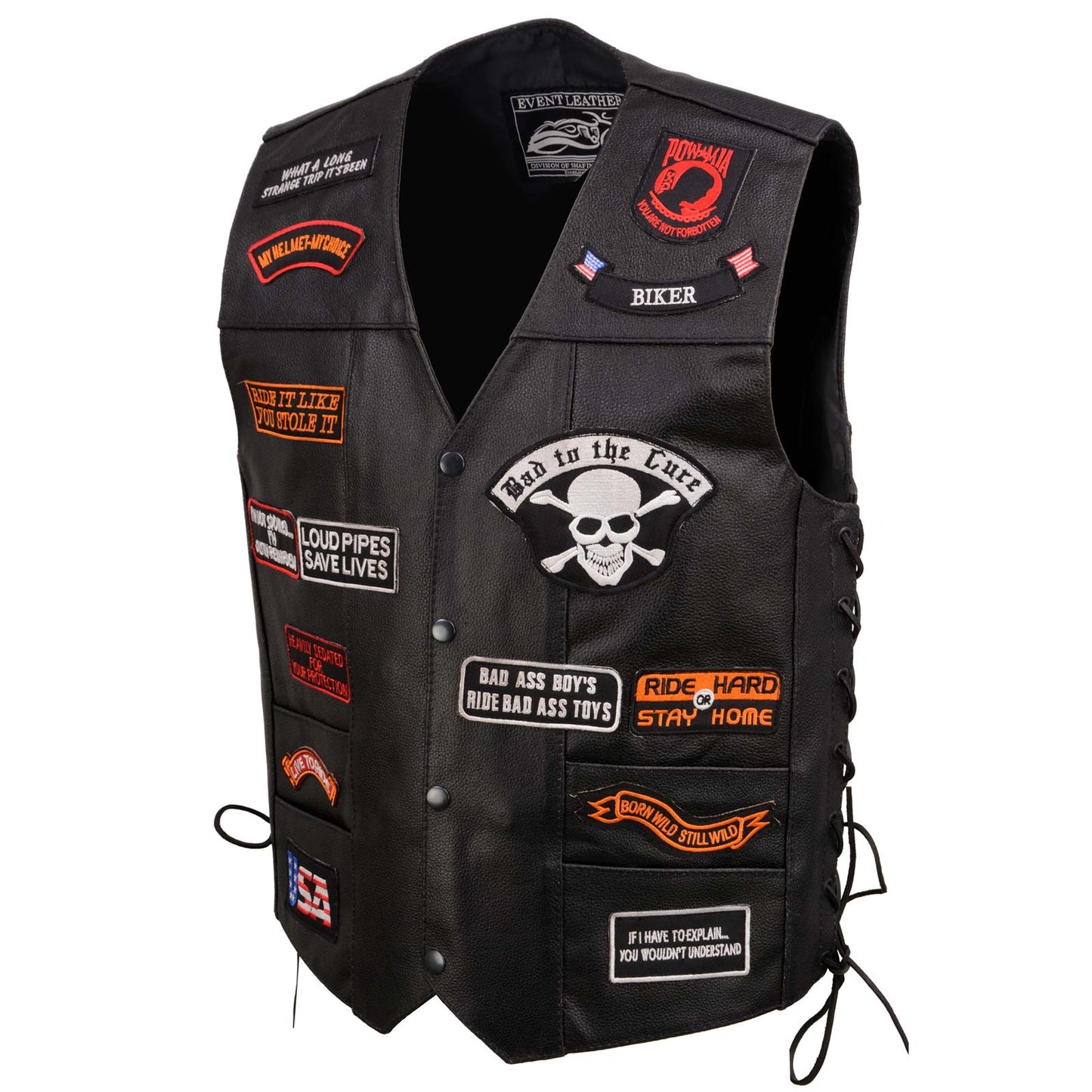 Event Leather ELM3920 Men's Black Leather Pre-Patched Bikers Vest w/ 6 Pockets - 23 Patches and Side Laces