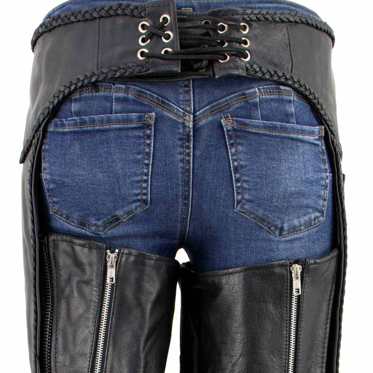 Milwaukee Leather Women's Black Braided Leather Motorcycle Chaps w/ Stretch Panels, Adjustable Fit - LKL16700
