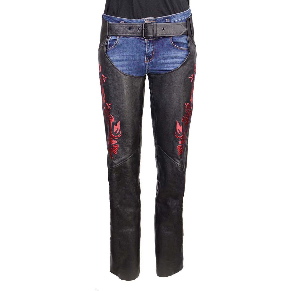 Milwaukee Leather Women's Leather Motorcycle Chaps w/ Embroidery Detail, Adjustable Fit Riding Gear - LKL16703