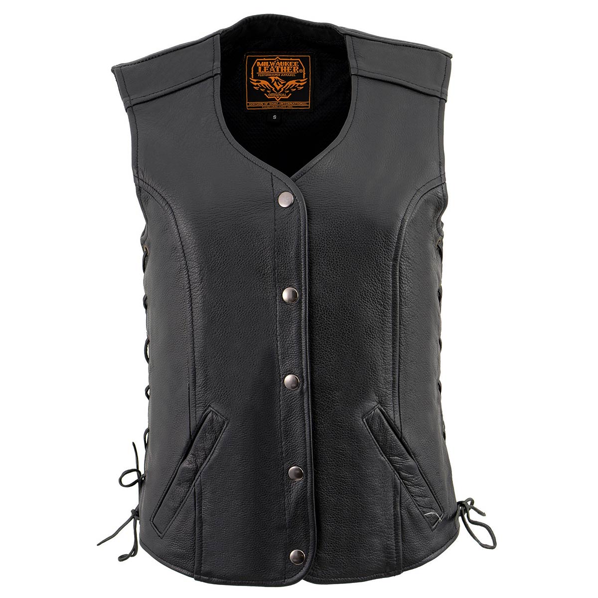 Milwaukee Leather LKL4700 Women's Black Premium Leather Side Laced Motorcycle Biker Riders Vest w/ Snap Closure