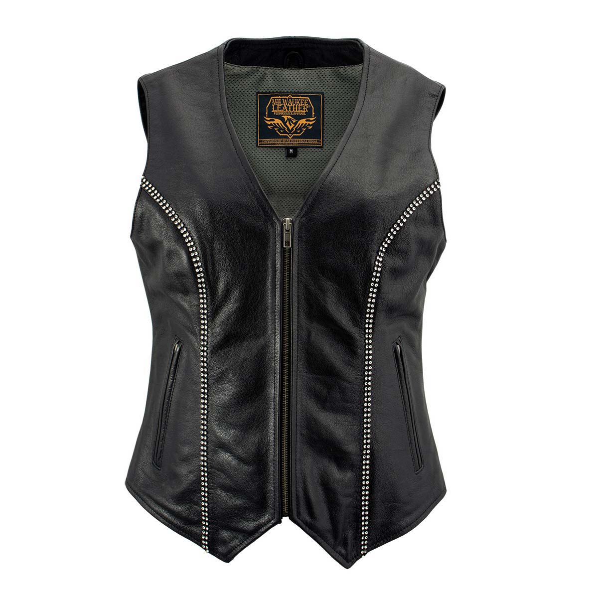 Milwaukee Leather Women's 'Bling' Black Leather V-Neck Motorcycle Rider Vest with Rhinestone Detail - LK4721