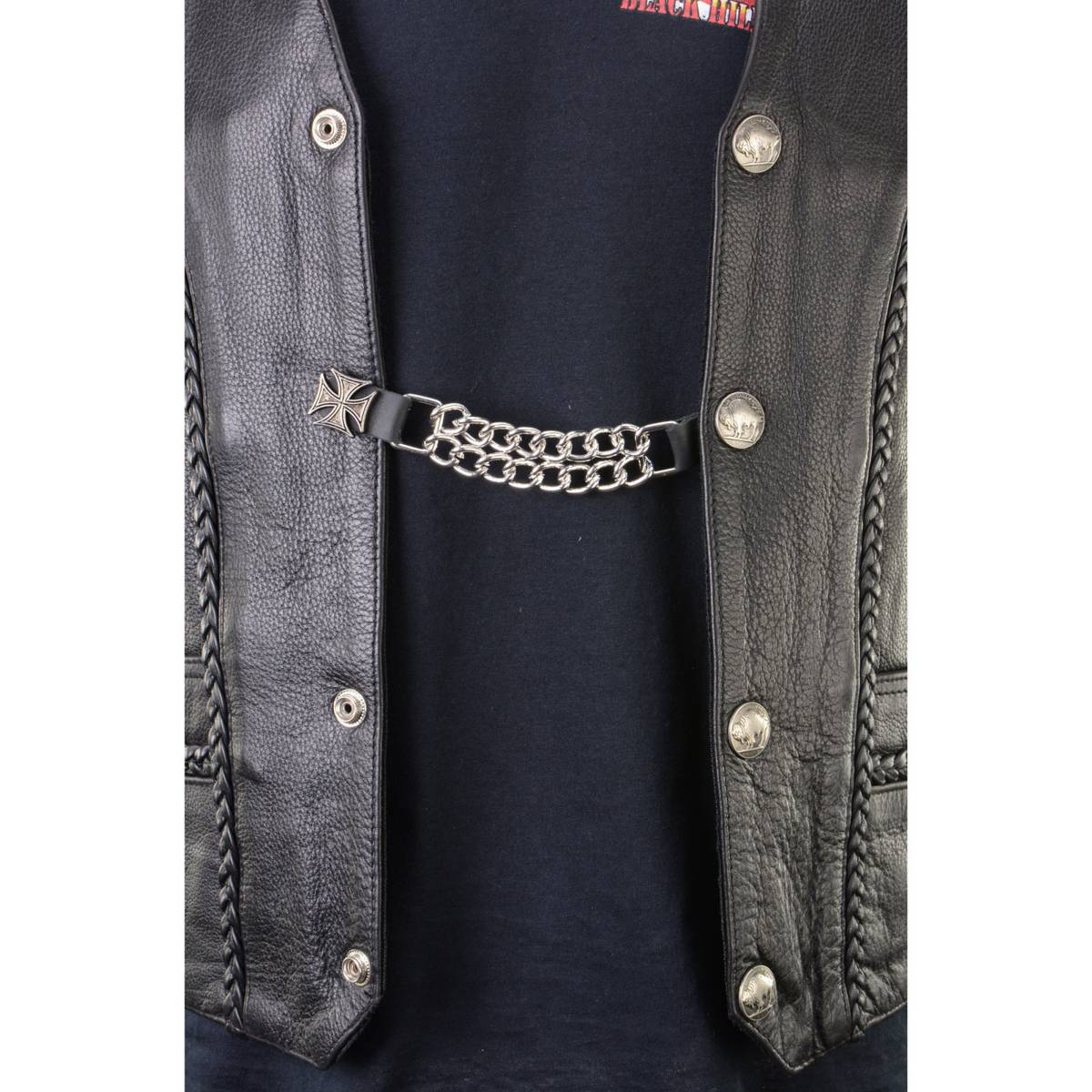 Milwaukee Leather MLA1020-Single Iron Cross Vest Extender Double Chrome Chains w/ Genuine Leather 4" Extension