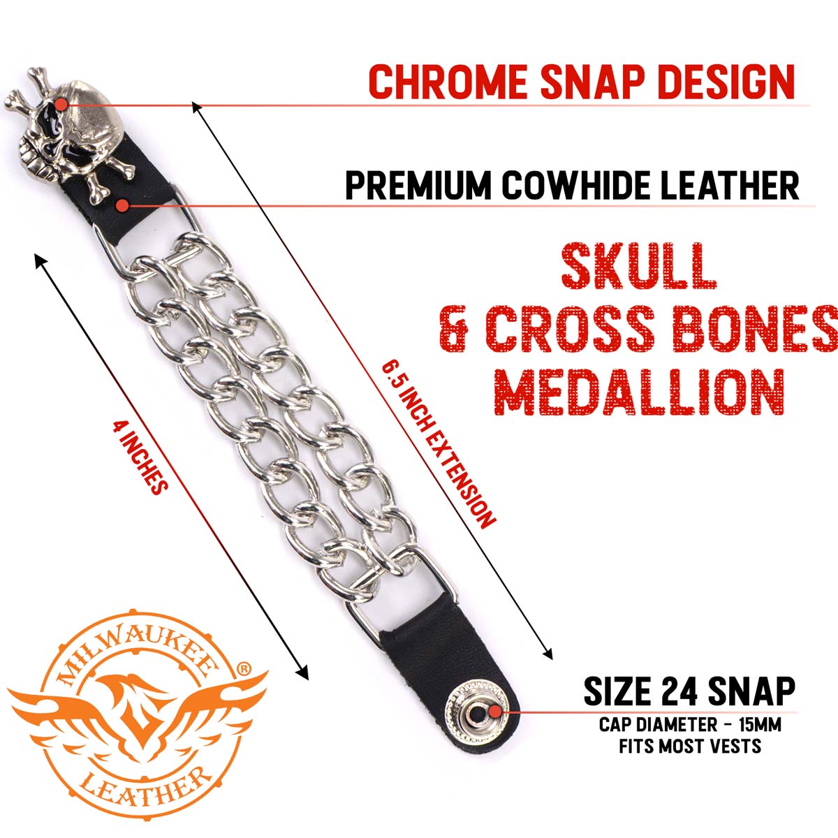 Milwaukee Leather MLA1004-Single Skull and Cross Bones Vest Extender Double Chrome Chains w/ Genuine Leather 4" Extension