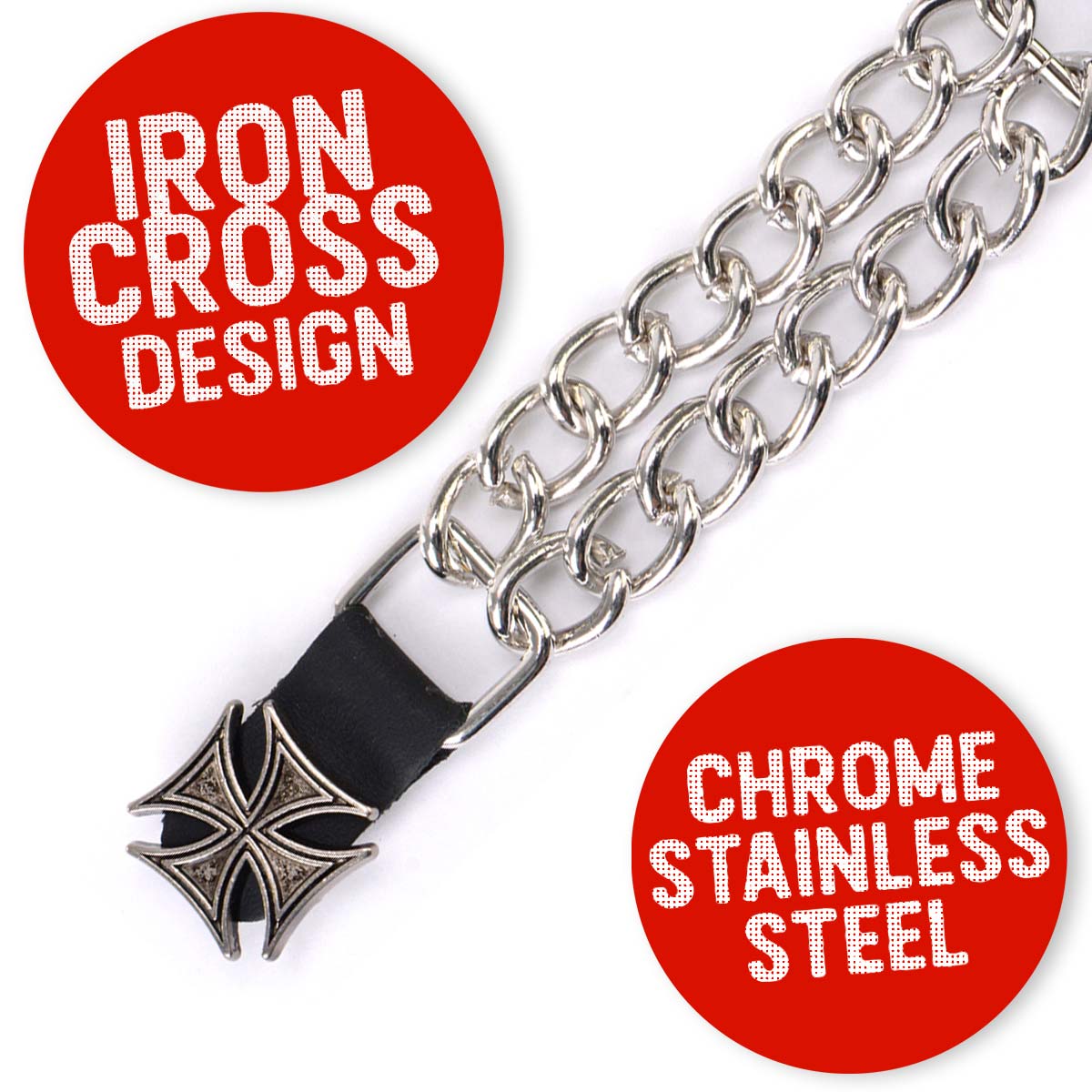 Milwaukee Leather MLA1020-Single Iron Cross Vest Extender Double Chrome Chains w/ Genuine Leather 4" Extension