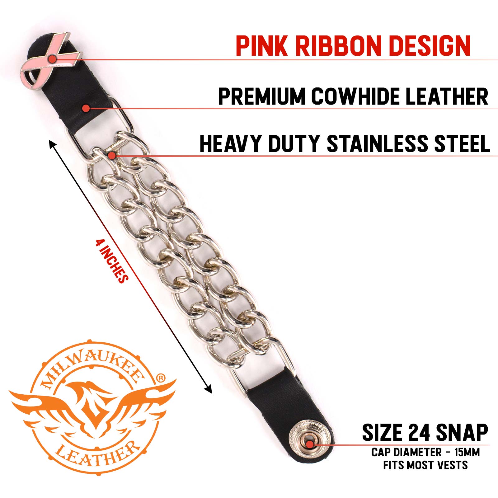 Milwaukee Leather Pink Ribbon Medallion Vest Extender - Double Chrome Chains Genuine Leather 6.5" Extension 4-PCS MLA6021SET