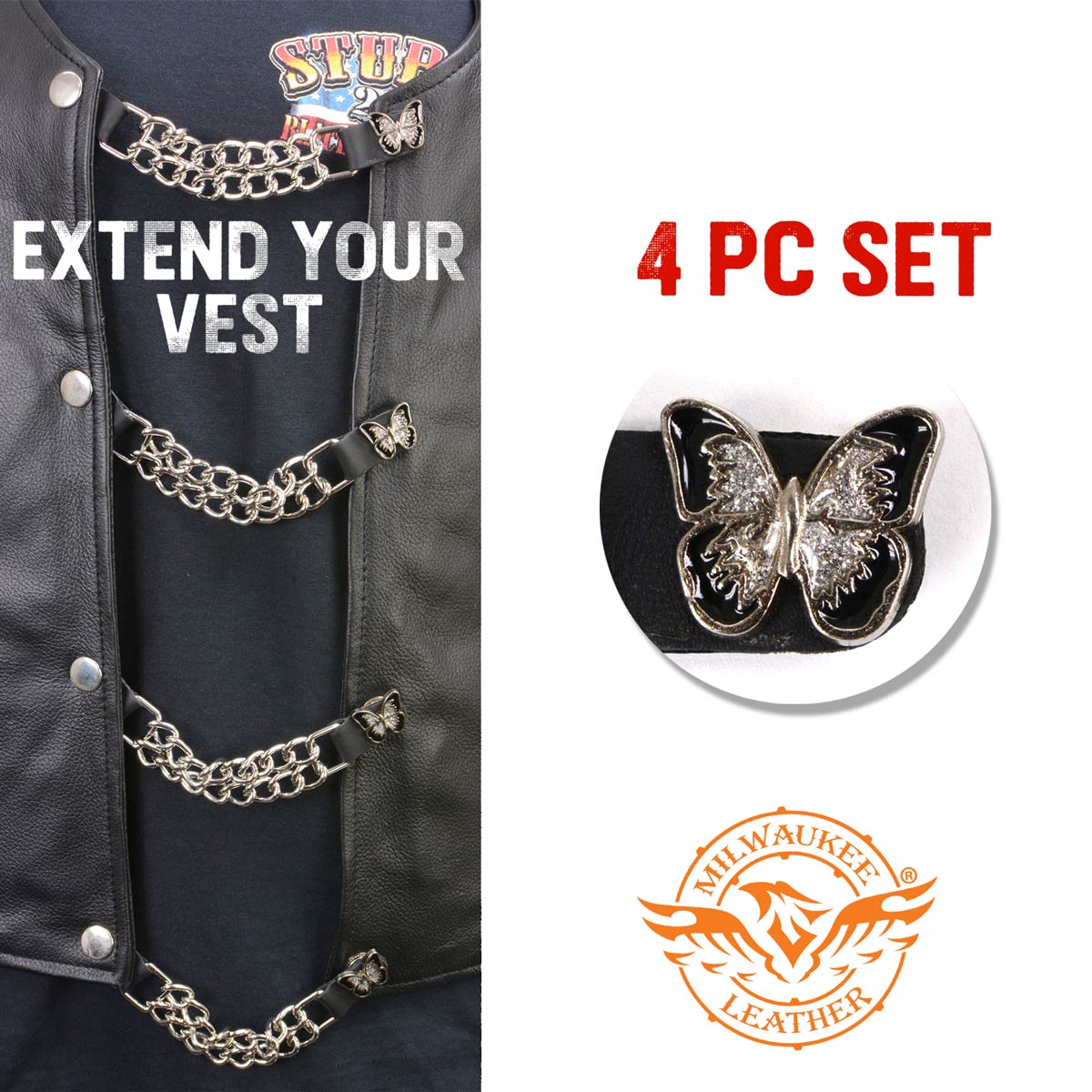 Milwaukee Leather Sparkle Butterfly Medallion Vest Extender - Double Chrome Chains Genuine Leather 6.5" Extension 4-PCS MLA6022SET
