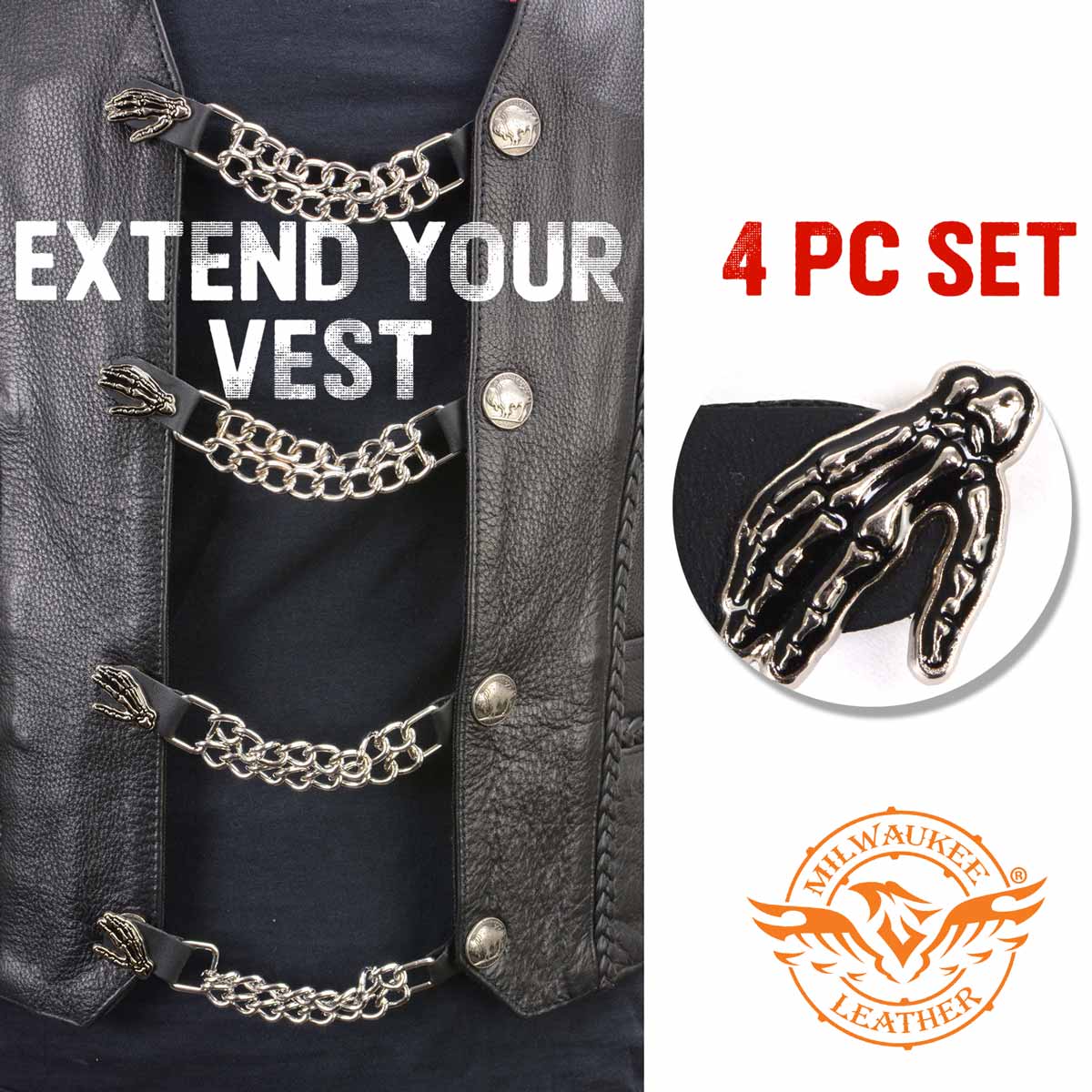 Milwaukee Leather Skeleton Hand Medallion Vest Extender - Double Chrome Chains Genuine Leather 6.5" Extension 4-PCS MLA6026SET
