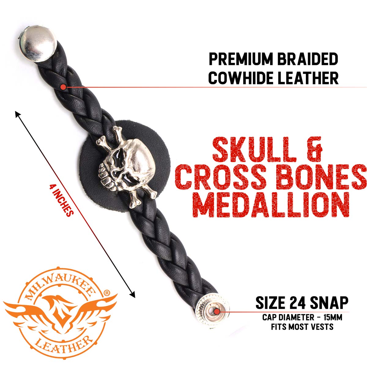 Milwaukee Leather MLA1061-Single Skull and Cross Bones Vest Extender Double Chrome Chains w/ Genuine Braided Leather 4" Extension