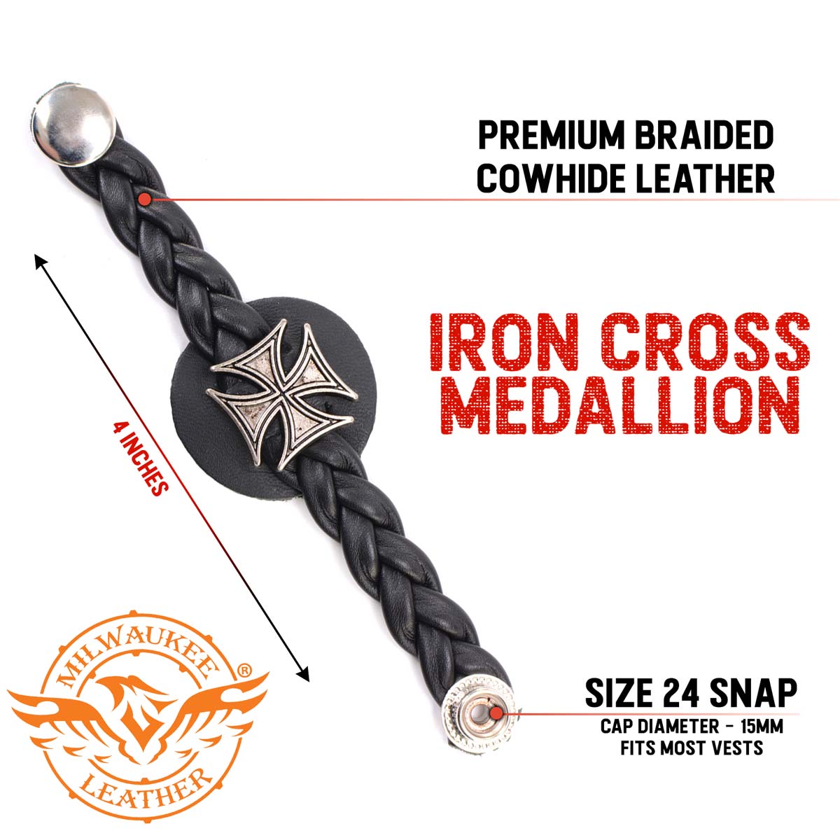 Milwaukee Leather MLA1063-Single Iron Cross Vest Extender Double Chrome Chains w/ Genuine Braided Leather 4" Extension