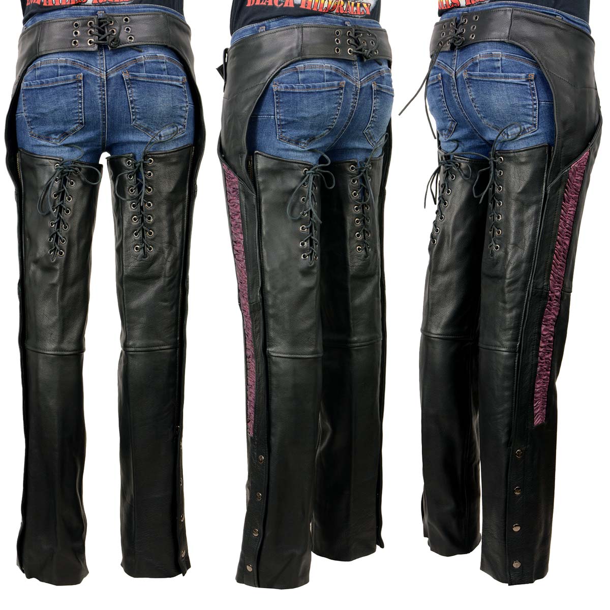 Milwaukee Leather Women's Black Premium Leather Motorcycle Rider Chaps w/ Purple Crinkled Stripes-Reflective Trim MLL6500