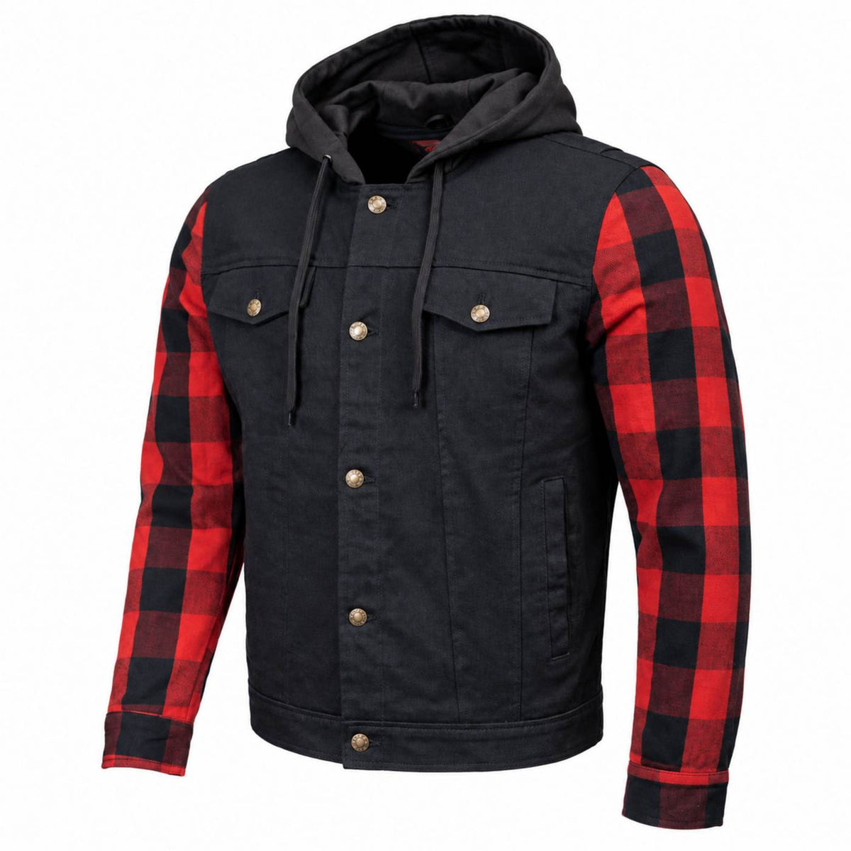 MMCC Men's Gridlock Black/Red 14 oz Denim & Plaid Armored Hooded Motorcycle Jacket - MMC10100