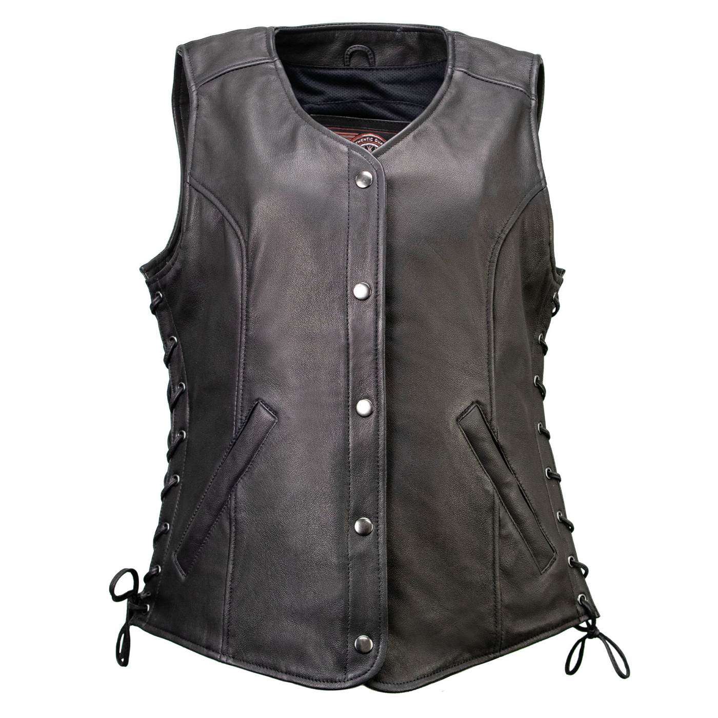 Milwaukee Motorcycle Clothing Co. Women's Born-Free Tall Sizes Black Leather Vest w/ V-Neck, Side Lace, Snap MMC40002