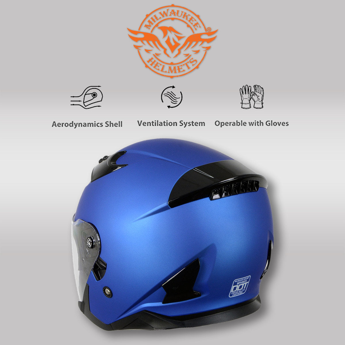Milwaukee Helmets MPH9823DOT 'Shift' Open Face 3/4 Blue Helmet for Men and Women Biker with Drop Down Tinted Visor