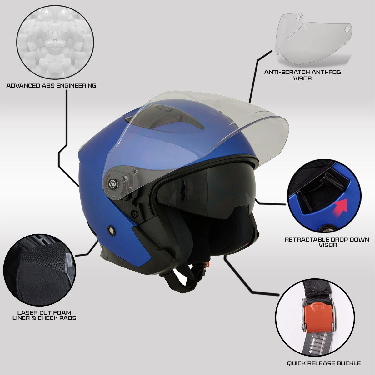 Milwaukee Helmets MPH9823DOT 'Shift' Open Face 3/4 Blue Helmet for Men and Women Biker with Drop Down Tinted Visor