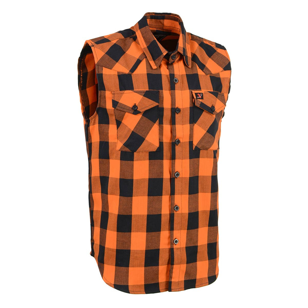 Milwaukee Leather MPM1655 Men’s Classic Black and Orange Button-Down Flannel Cut Off Sleeveless Casual Shirt