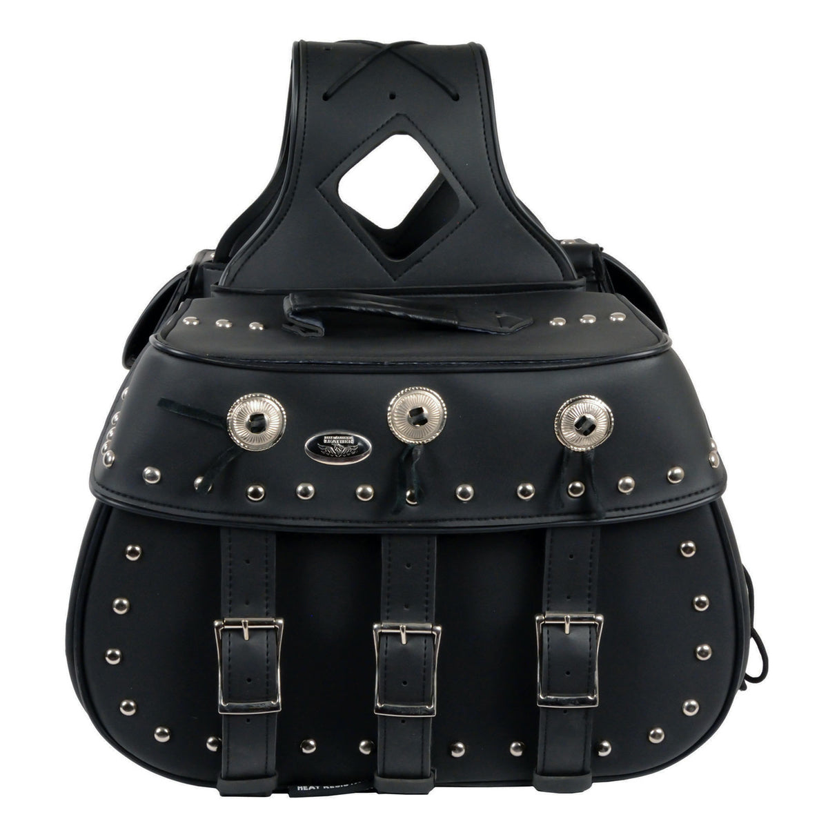 Milwaukee Leather SH652ZB Black Zip-Off Triple Buckle PVC Throw Over Motorcycle Saddlebags with Studs (18X11X7X19)