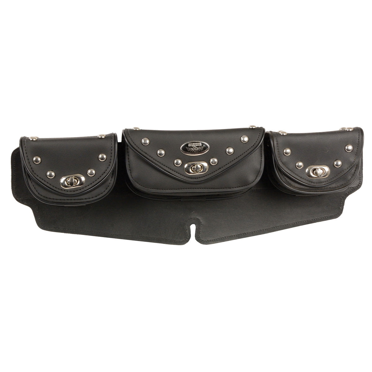 Milwaukee Leather Performance SH671 Black Large Studded Triple Pocket Windshield Mount Bag with Turn Clasps