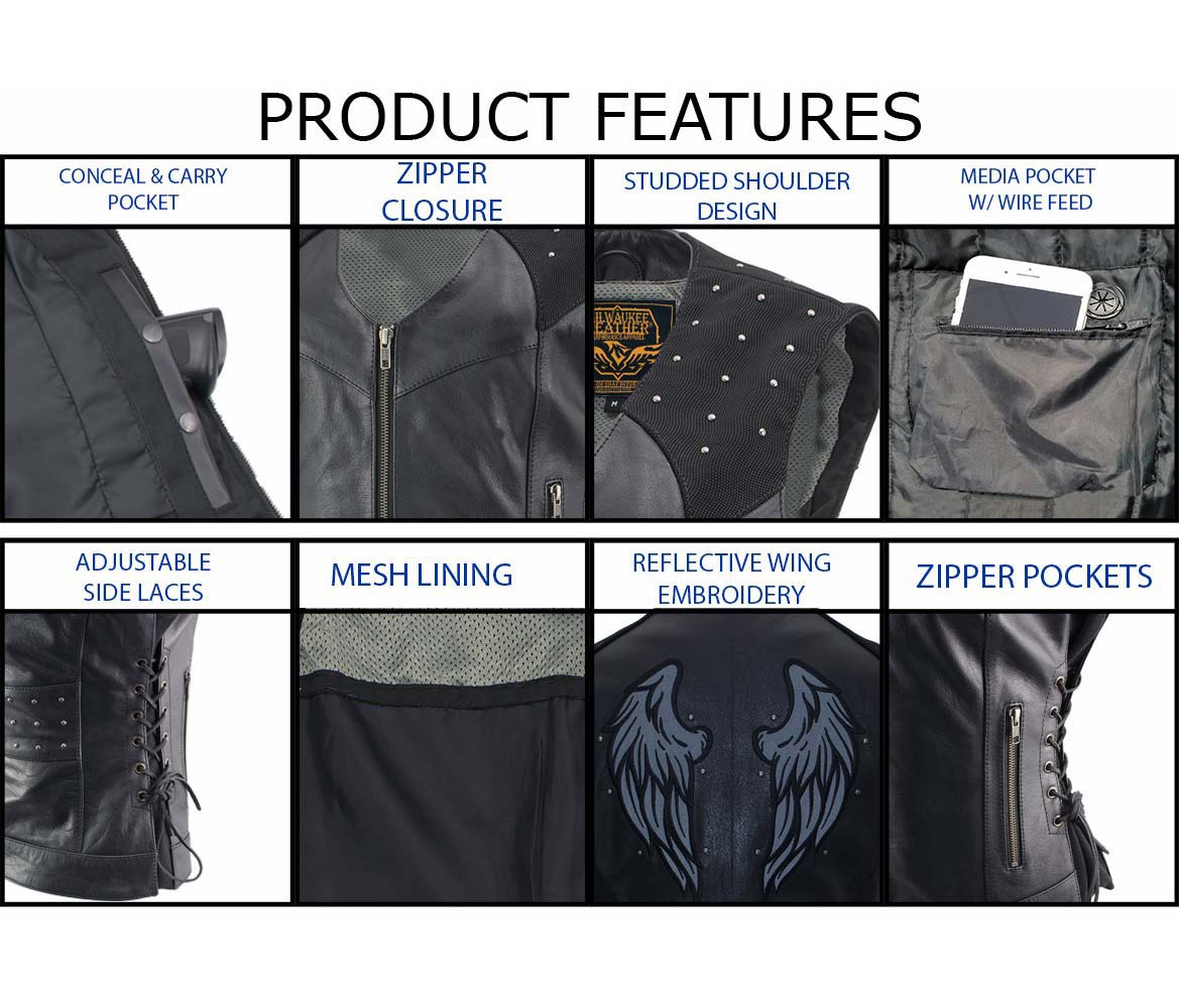 Milwaukee Leather LKL27005 Women's Scuba Style Black Leather Motorcycle Biker Jacket w/ Reflective Wings and Studs