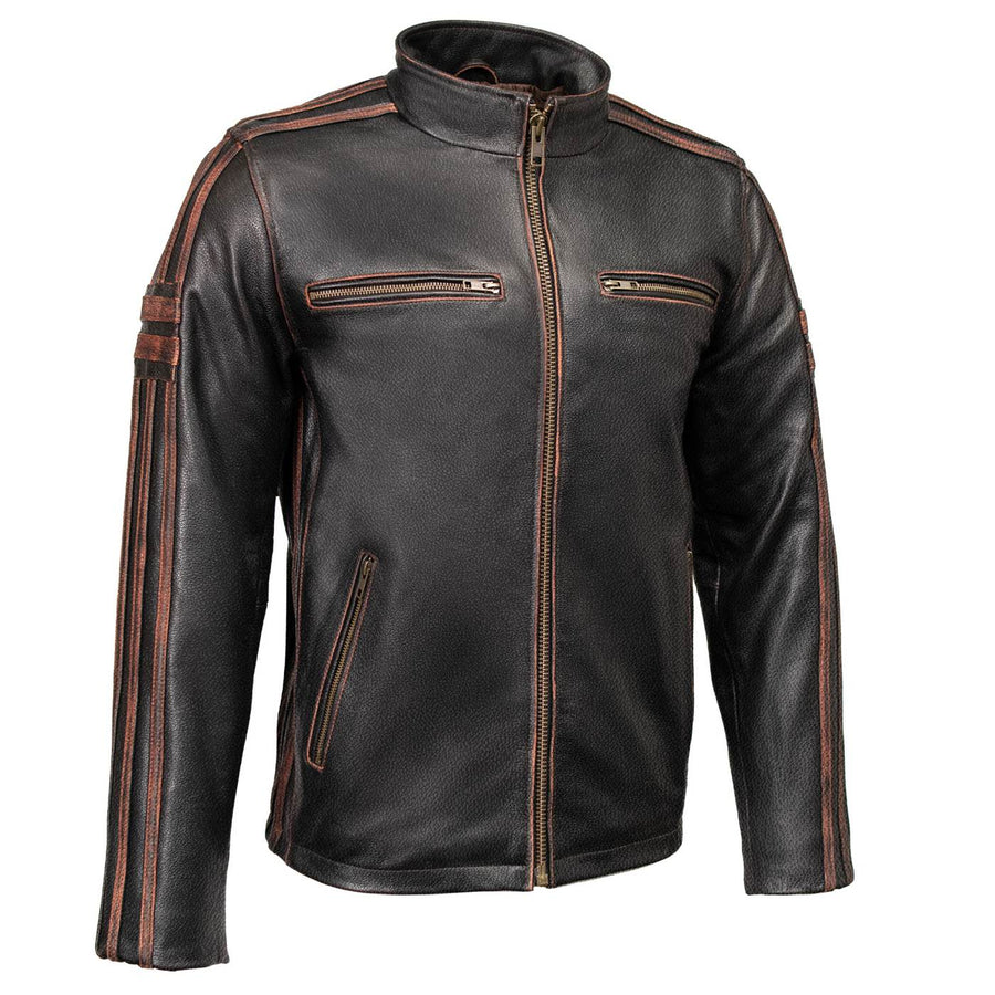 Milwaukee Leather Men’s Copperline Black Leather Moto Café Racer Jacket, Stand Collar, 6 Pockets - SFM1816