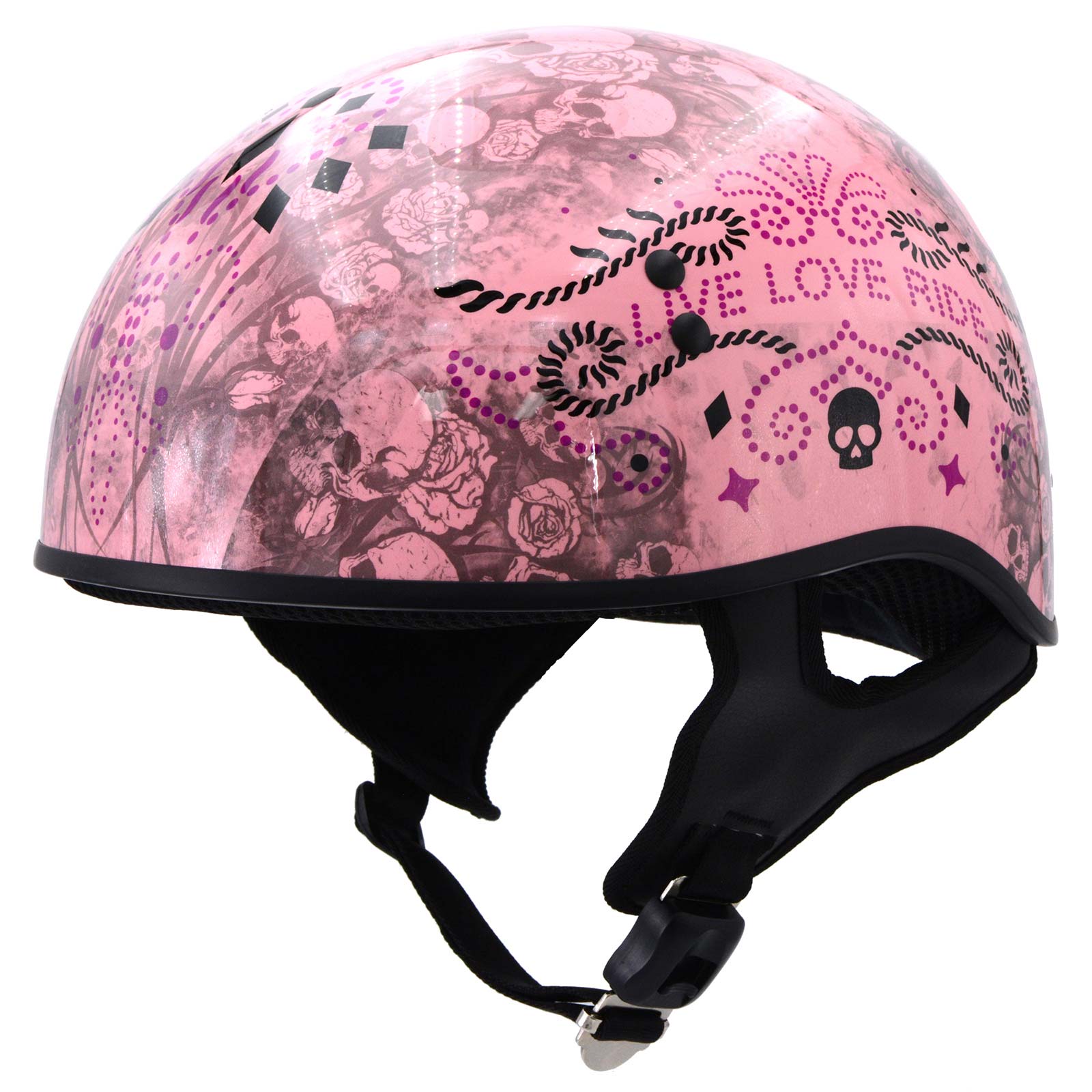 Hot Leathers HLD1048 'Live, Love Ride' Gloss Pink Motorcycle DOT Approved Skull Cap Half Biker Helmet