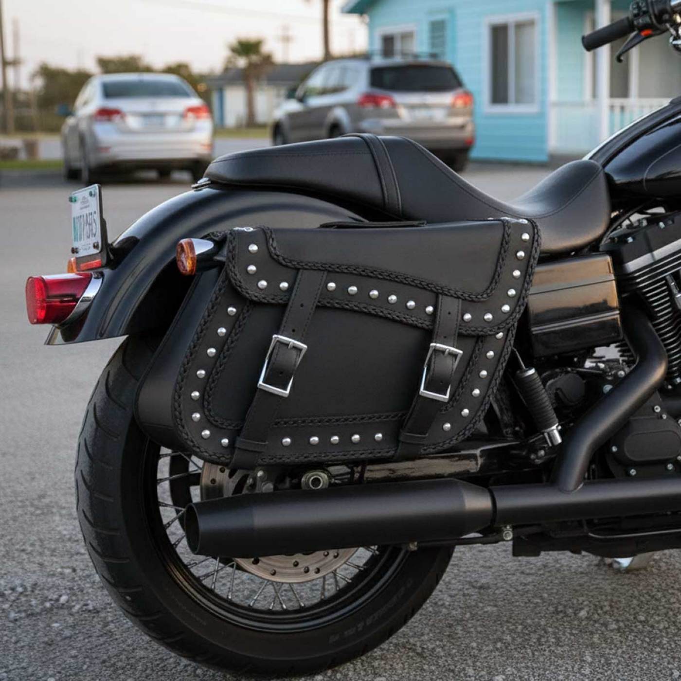 Milwaukee Leather SH66401ZB Black Large 'Studded and Braided' Zip-Off PVC Throw Over Motorcycle Saddlebags
