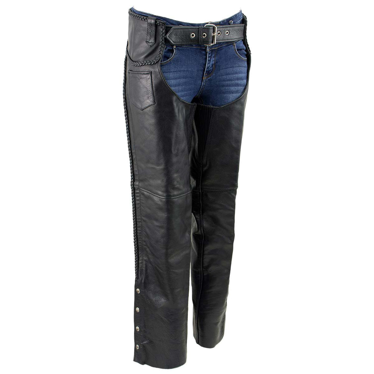 Milwaukee Leather Women's Black Braided Leather Motorcycle Chaps w/ Stretch Panels, Adjustable Fit - LKL16700