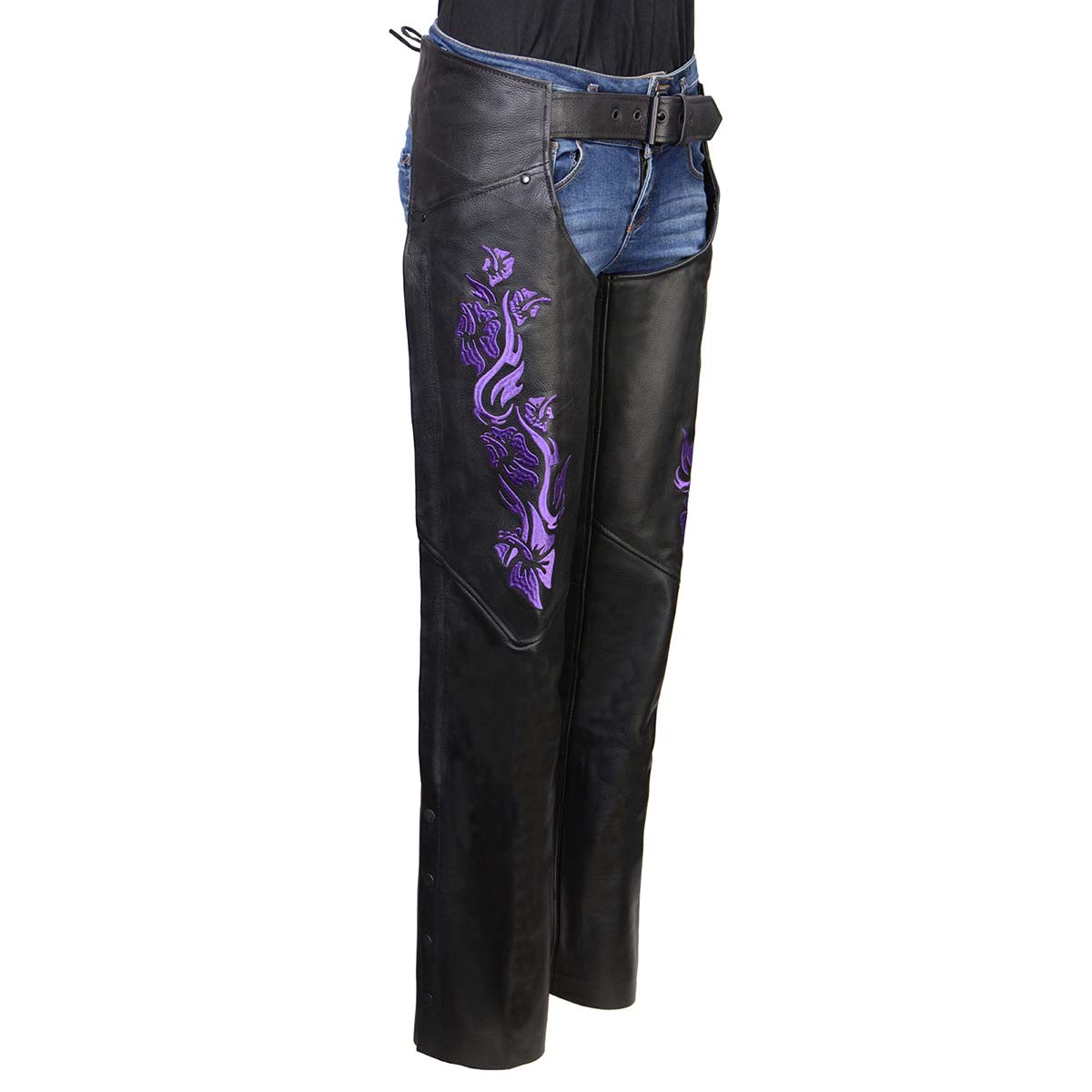 Milwaukee Leather Women's Leather Motorcycle Chaps w/ Embroidery Detail, Adjustable Fit Riding Gear - LKL16702