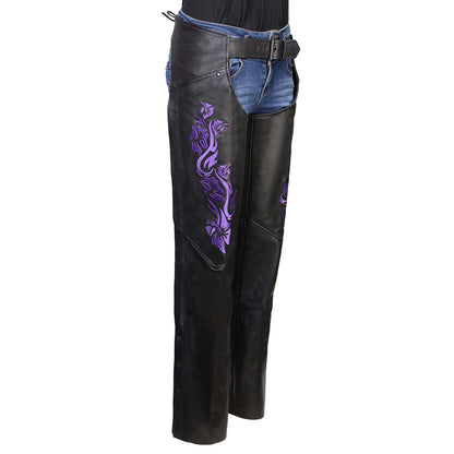 Milwaukee Leather Women's Leather Motorcycle Chaps w/ Embroidery Detail, Adjustable Fit Riding Gear - LKL16702