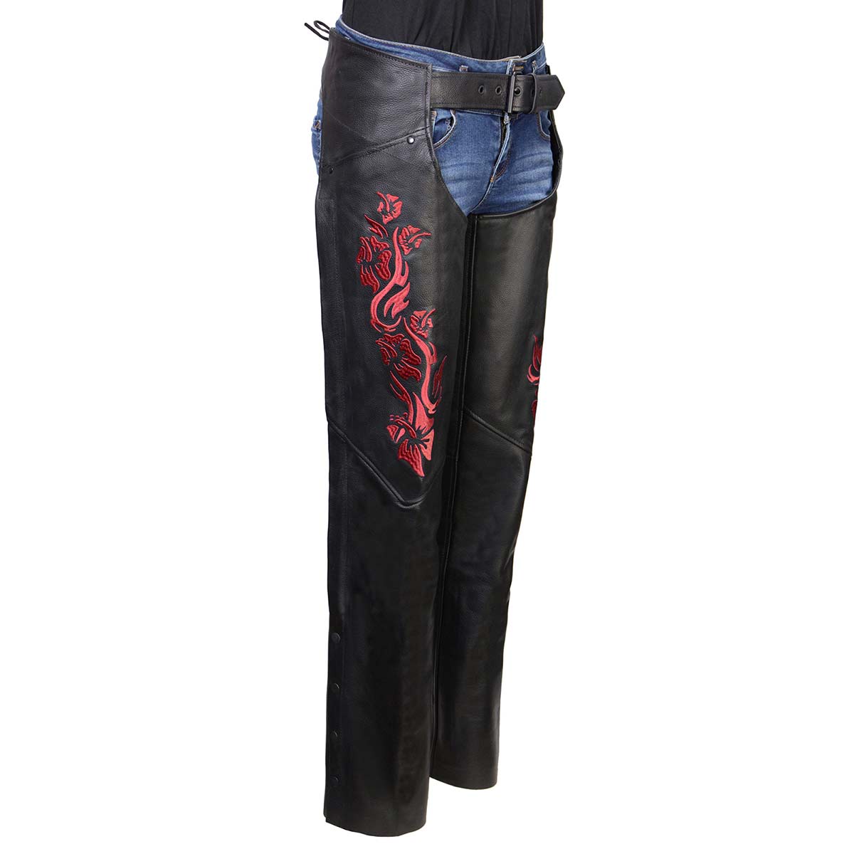 Milwaukee Leather Women's Leather Motorcycle Chaps w/ Embroidery Detail, Adjustable Fit Riding Gear - LKL16703