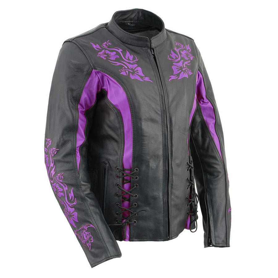Milwaukee Leather LKL27002 Women's Premium Black and Purple Leather Embroidered Jacket with CE Armor Protection