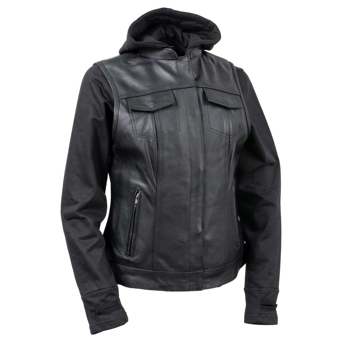 Milwaukee Leather Women's Tara Black Leather Motorcycle Rider 2-in-1 Convertible Hoodie Jacket Vest