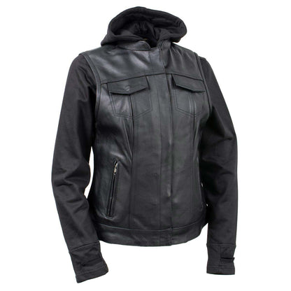 Milwaukee Leather Women's Tara Black Leather Motorcycle Rider 2-in-1 Convertible Hoodie Jacket Vest