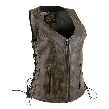 Milwaukee Leather Women's Bella Distressed Brown Leather Motorcycle Vest with Side Laces - LKL4719
