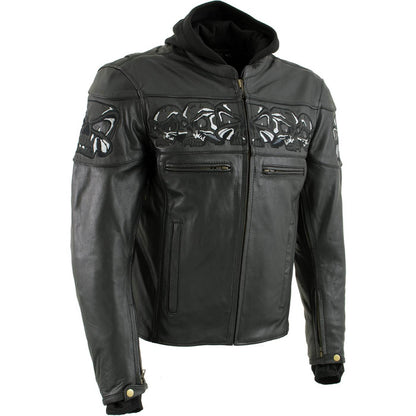 Milwaukee Leather Men's Futile CE Armored Leather Motorcycle Jacket w/ Hoodie Liner, Reflective Skull - LKM17016