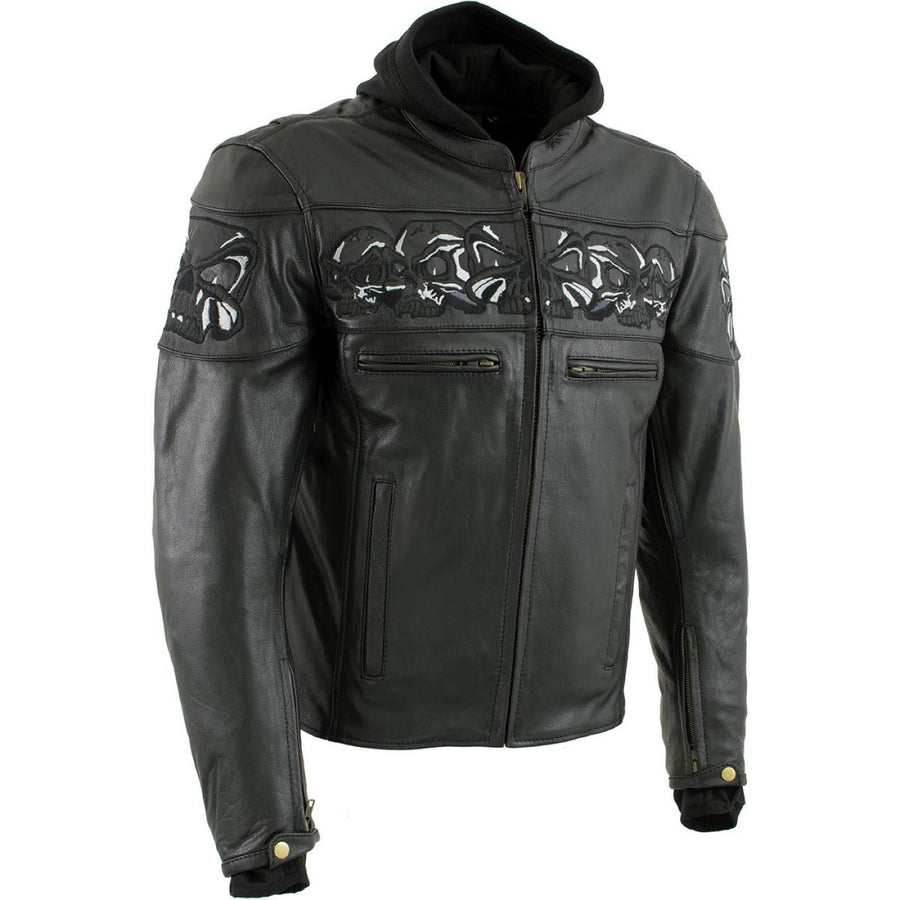 Milwaukee Leather Men's Futile CE Armored Leather Motorcycle Jacket w/ Hoodie Liner, Reflective Skull - LKM17016