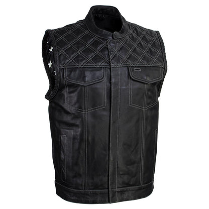 Milwaukee Leather LKM3784 Men's Classic Black Leather Motorcycle Rider Vest Stars and Stripes Design w/ USA Flag Liner