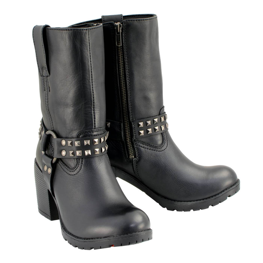 Milwaukee Leather Women's Stud Rebel Black Leather Harness Motorcycle Boots - MBL9314