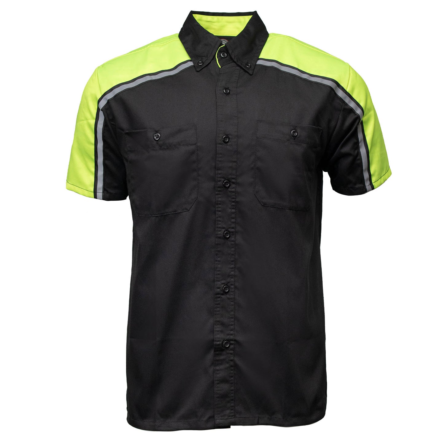 Milwaukee Motorcycle Clothing Co. MDM11604 Men's Black and Neon-Green Button Up Mechanic Shirt w/ Reflective Stripe