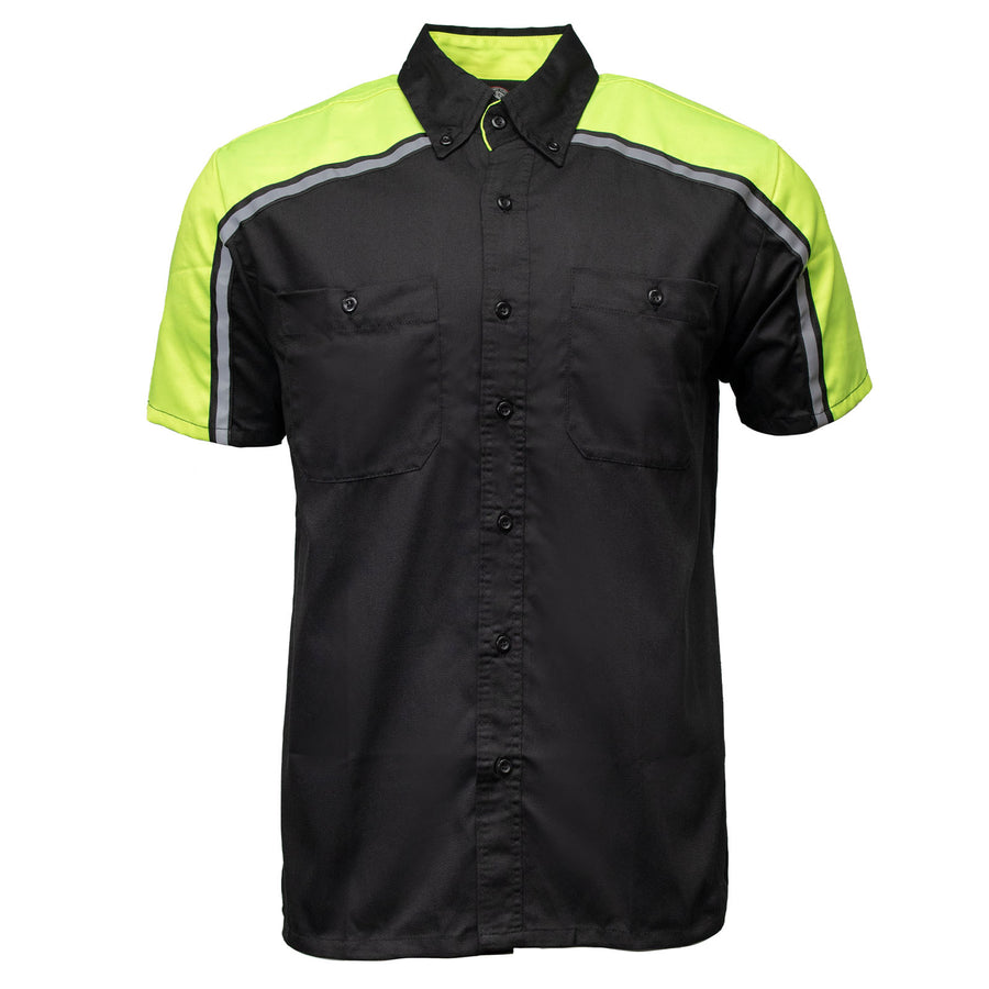 Milwaukee Motorcycle Clothing Co. MDM11604 Men's Black and Neon-Green Button Up Mechanic Shirt w/ Reflective Stripe
